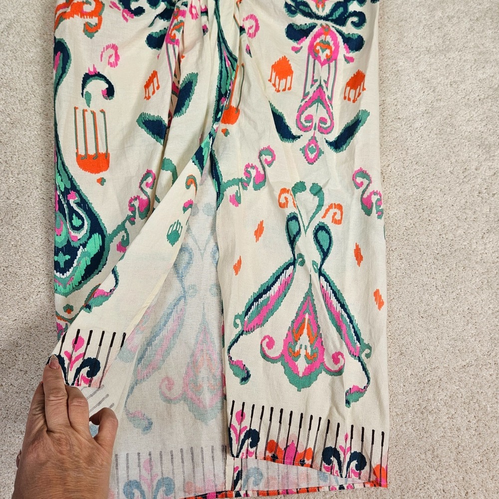 Zara Midi Skirt Womens S Ivory Linen Blend Knotted Pareo Boho Ikat High-Waisted - Picture 6 of 14